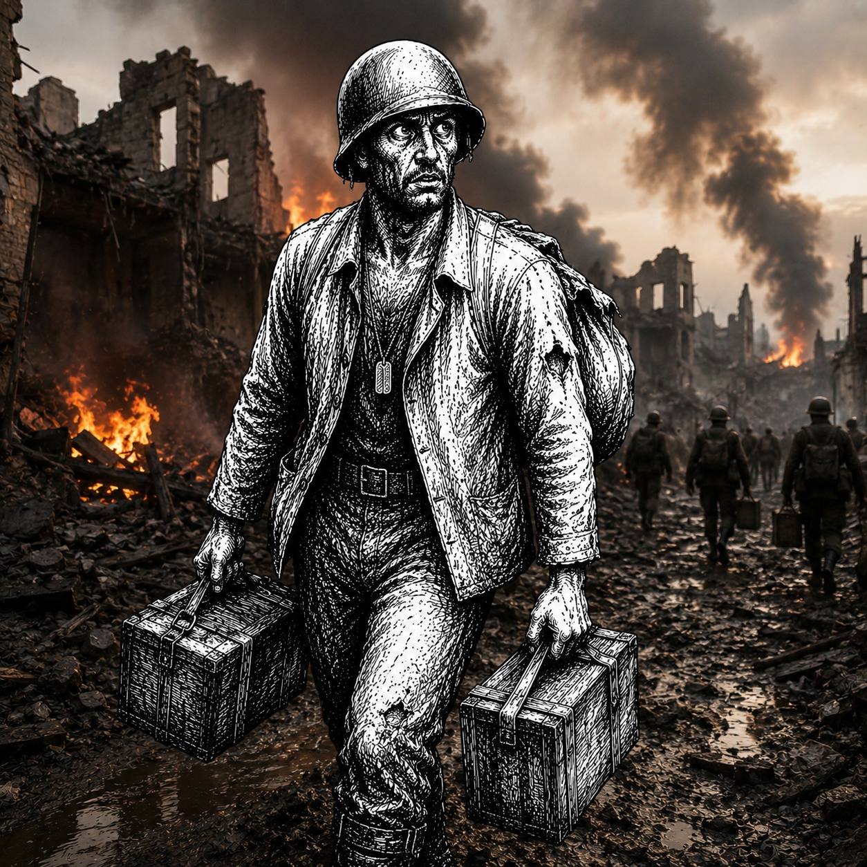 Trenchcoin soldier carrying crates through a ruined city